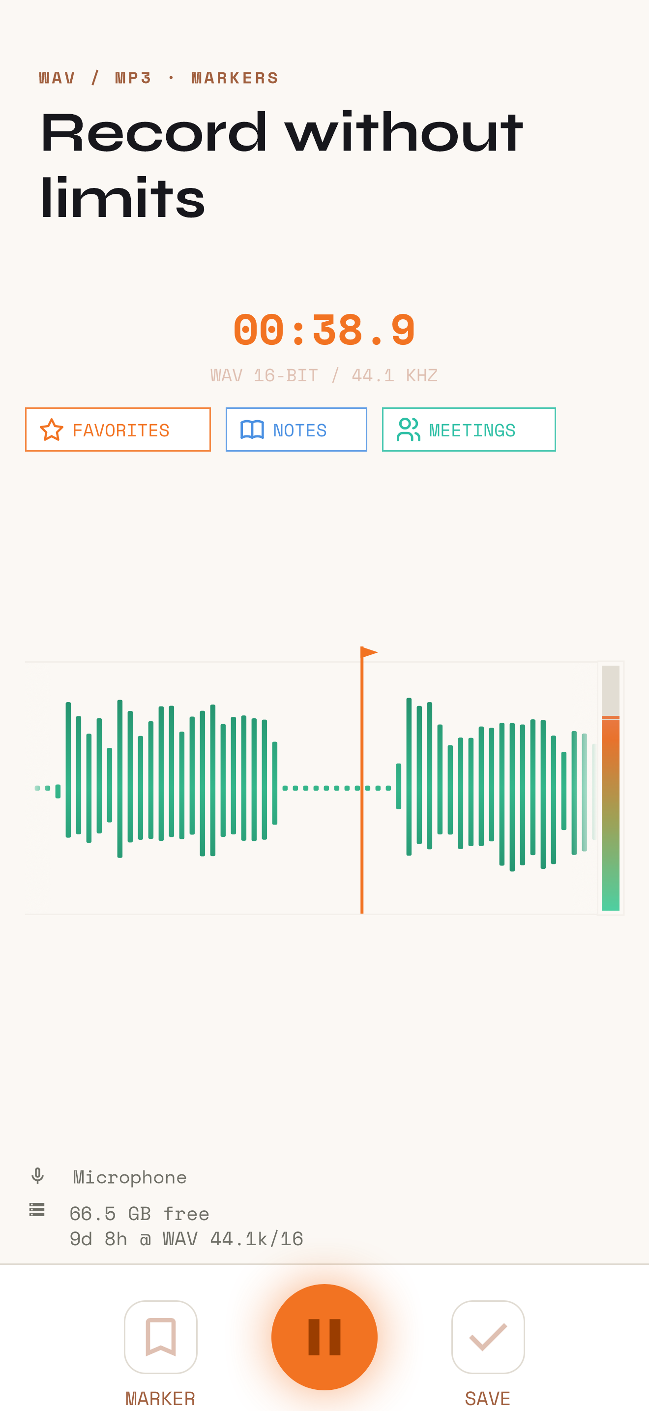 Recording screen with live waveform, timer and tags