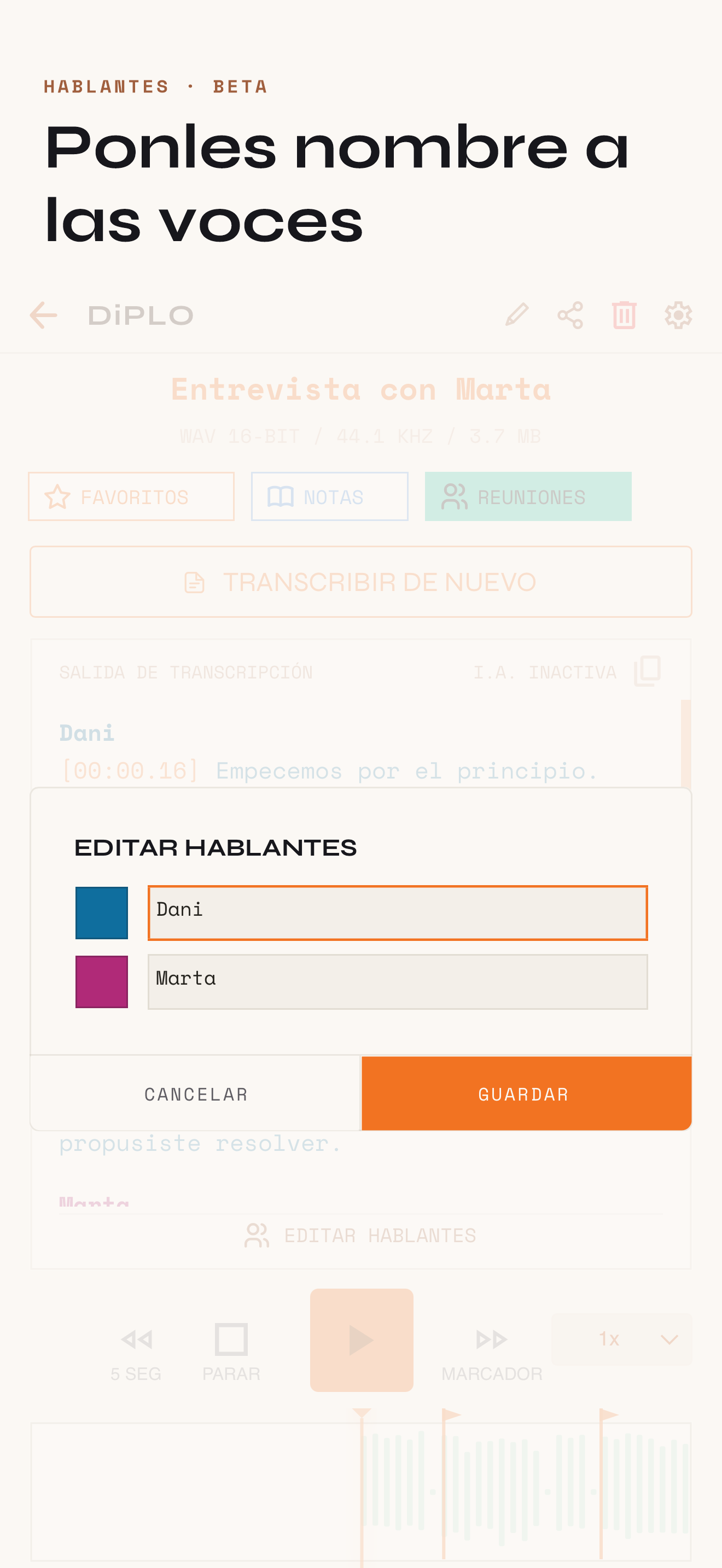 Identificación de hablantes, con la transcripción separada por quién habla