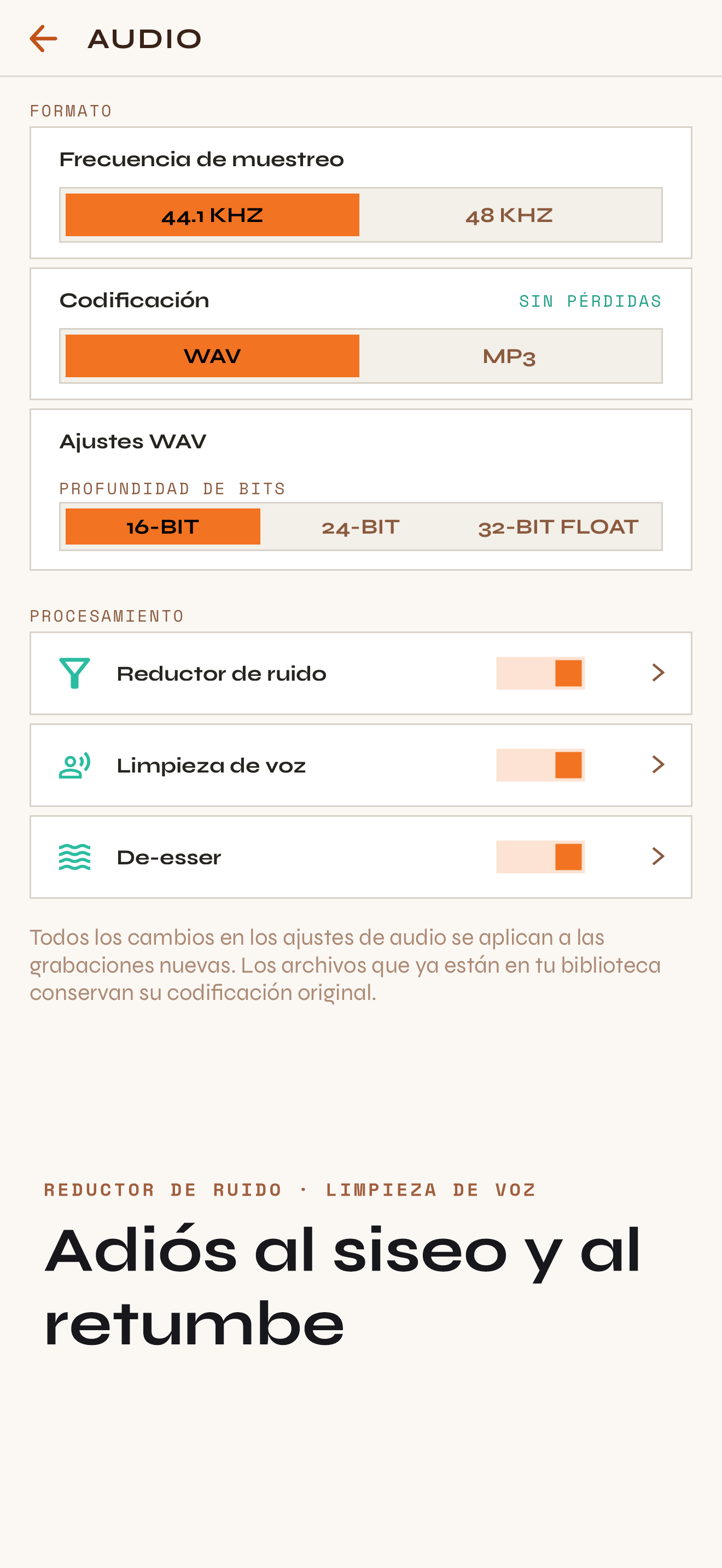 Ajustes de audio: WAV o MP3, frecuencia de muestreo y profundidad de bits