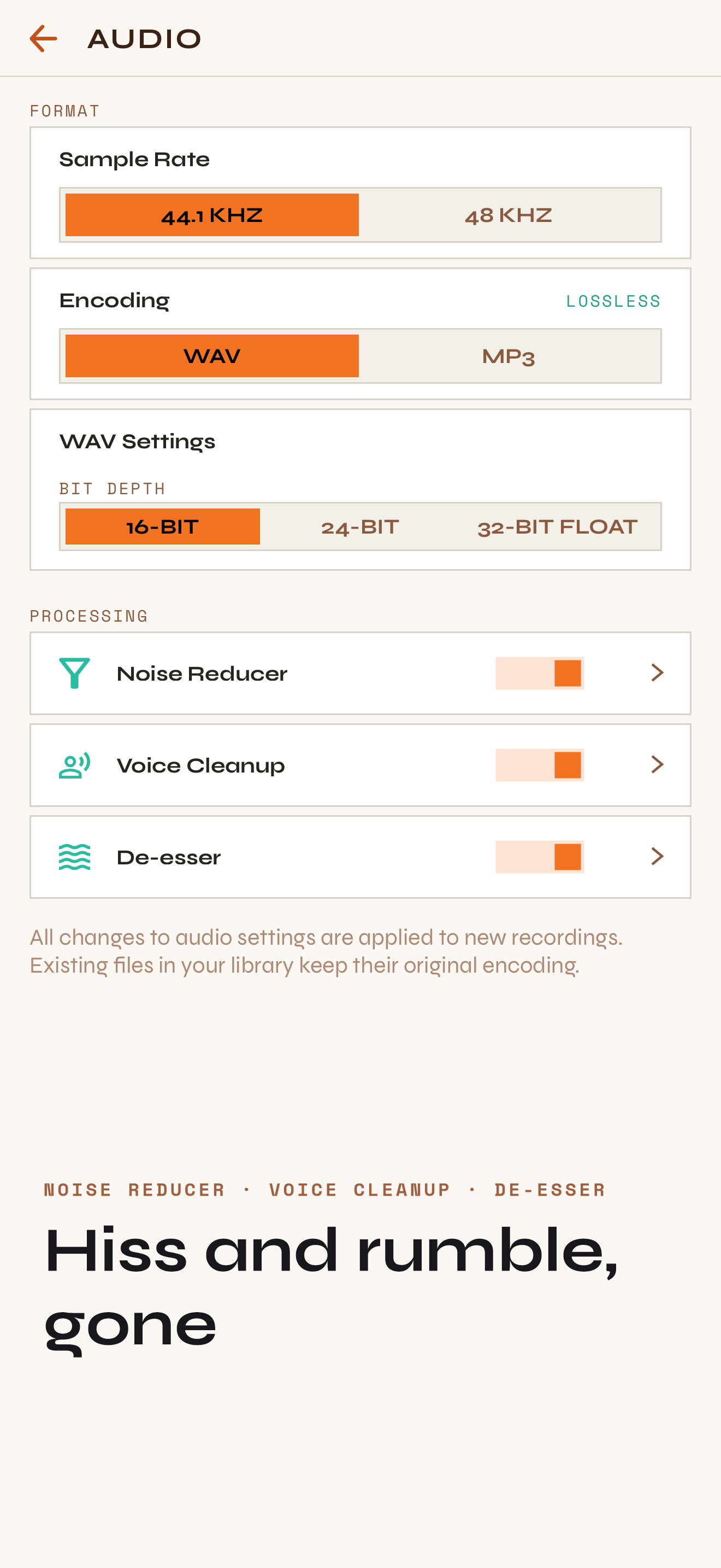 Audio settings: WAV or MP3, sample rate and bit depth