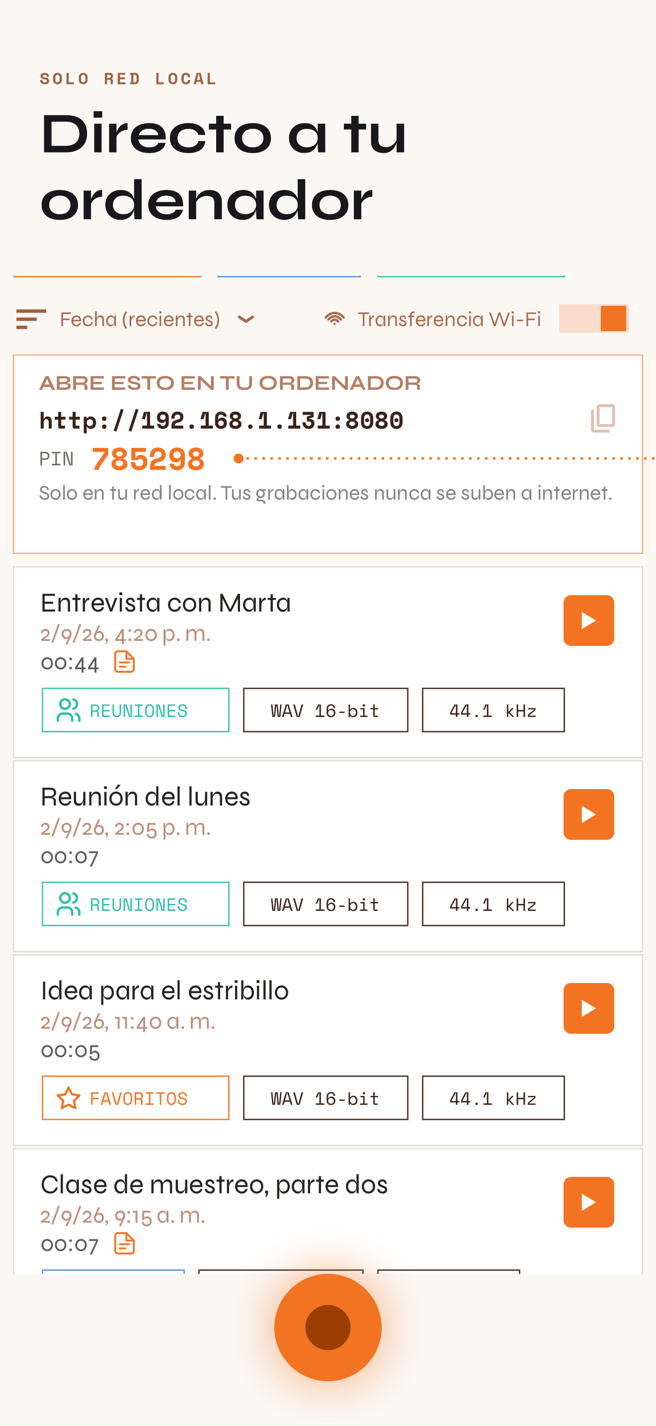 El móvil mostrando la dirección local y el PIN para la transferencia por Wi-Fi