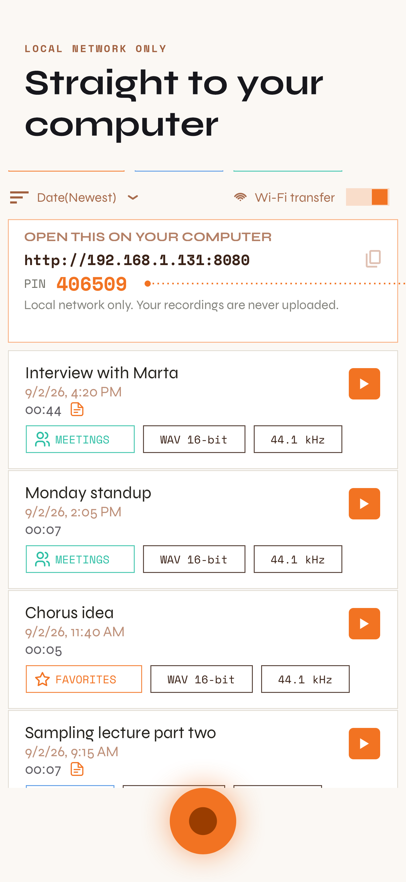 The phone showing the local address and PIN for Wi-Fi transfer