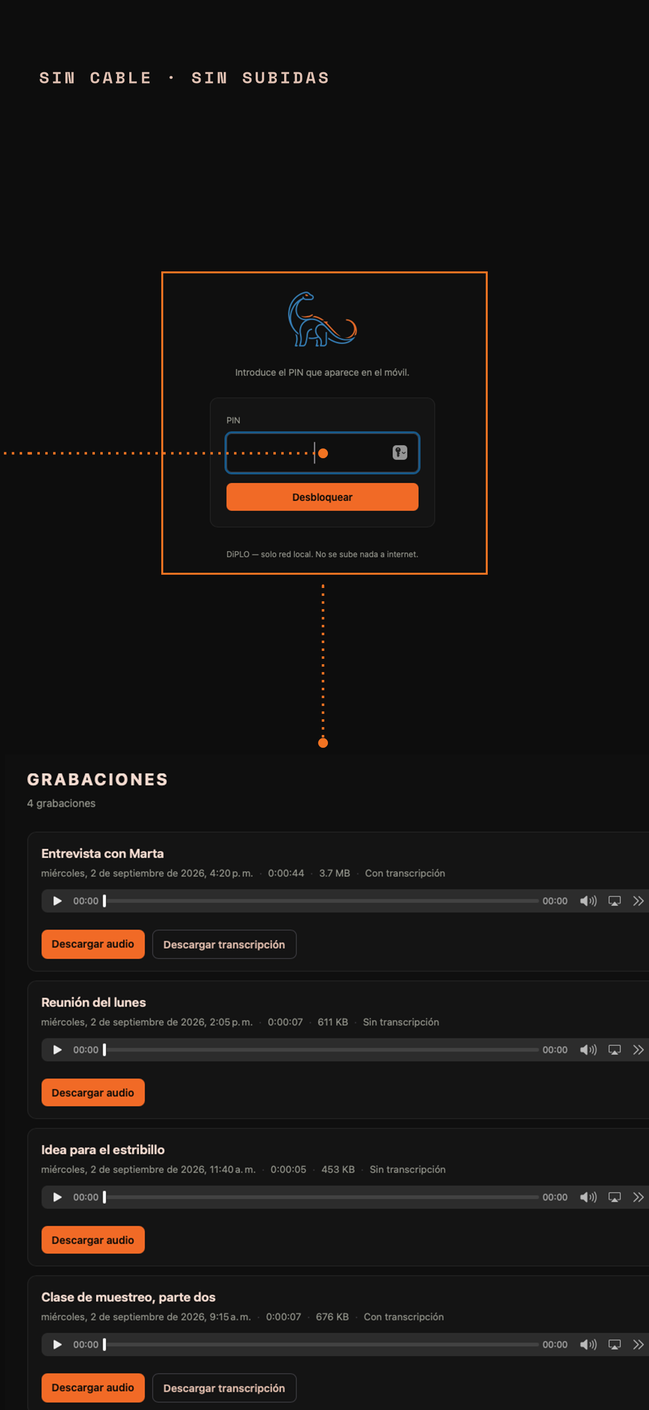 La misma biblioteca abierta en el navegador del ordenador, descargando audio y transcripciones