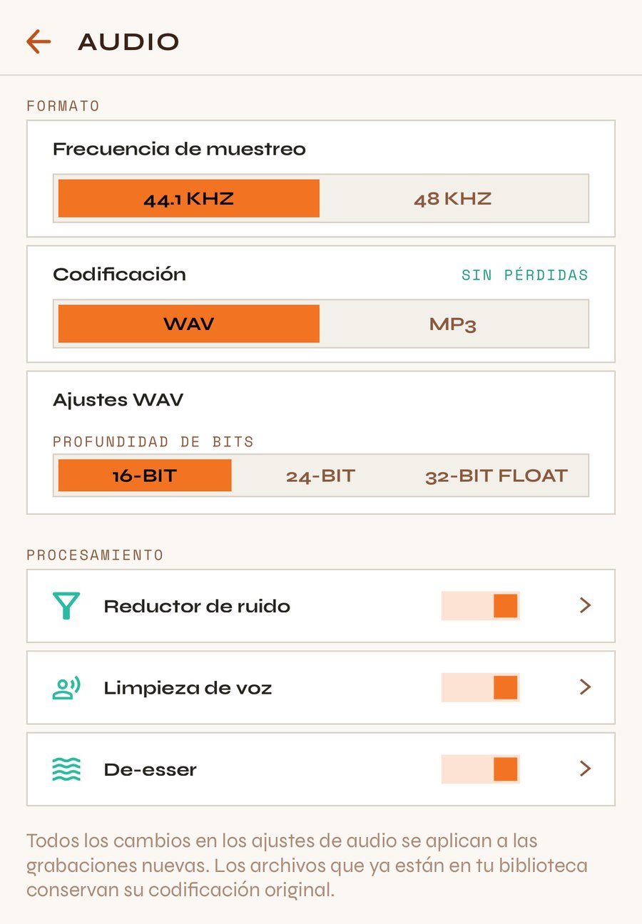 Ajustes de audio: frecuencia, codificación, profundidad y procesamiento