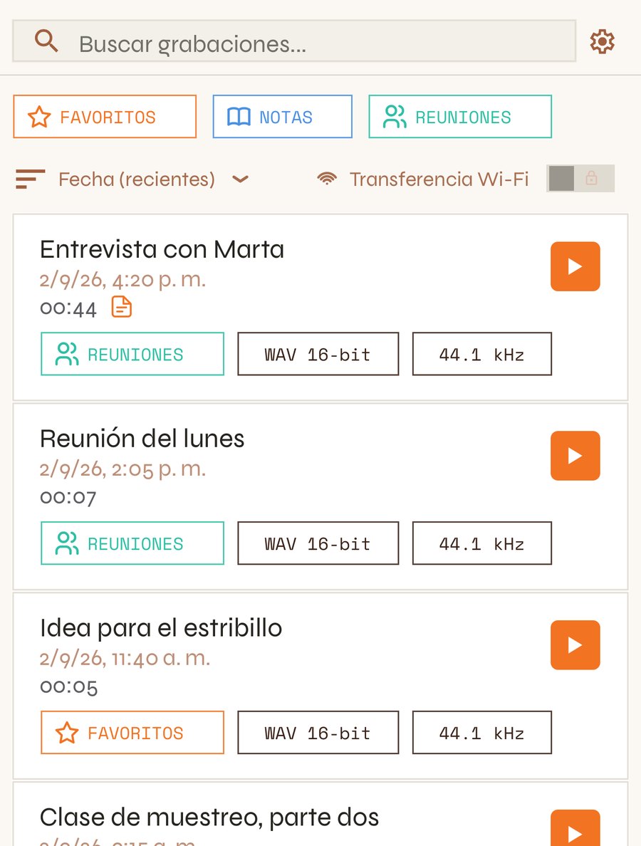 Biblioteca con el buscador, las etiquetas, el orden y la lista de grabaciones