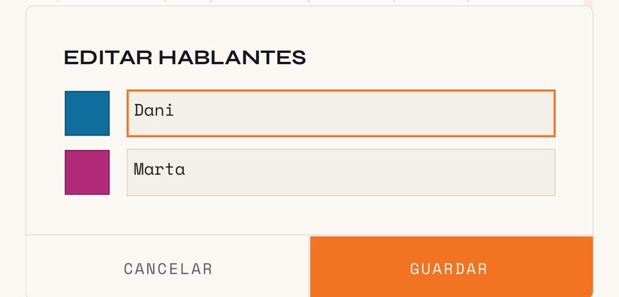 Diálogo EDITAR HABLANTES con un nombre y un color por voz