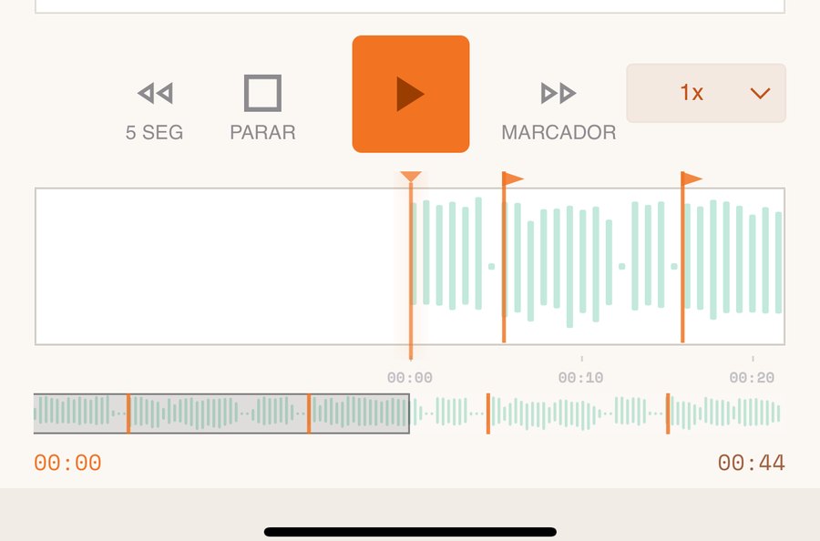 Controles de reproducción con la onda, los marcadores y la velocidad