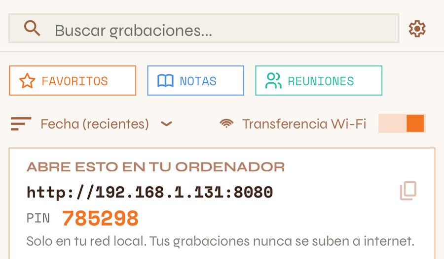 Transferencia Wi-Fi activada, con la dirección y el PIN