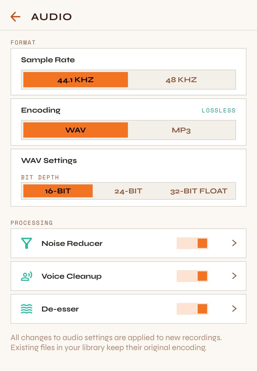 Audio settings: sample rate, encoding, bit depth and processing