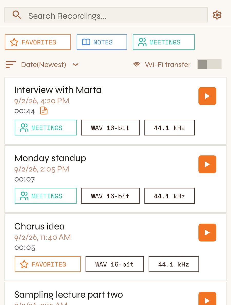 Library with search, tags, sort and the list of recordings