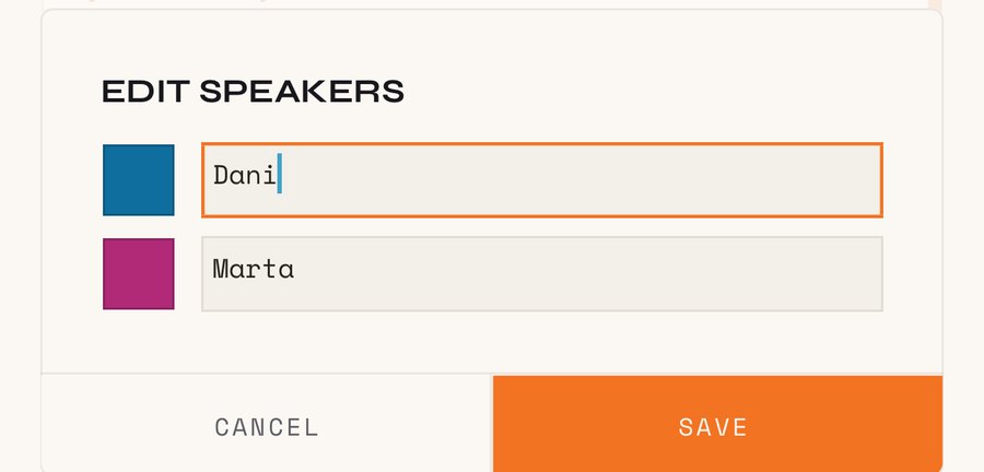 EDIT SPEAKERS dialogue with a name and a colour for each voice