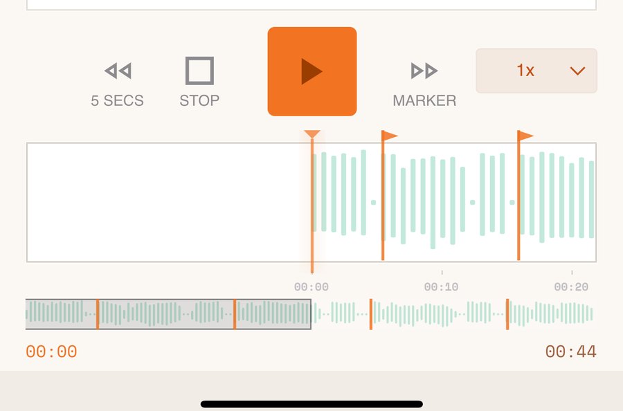 Playback controls with the waveform, markers and speed