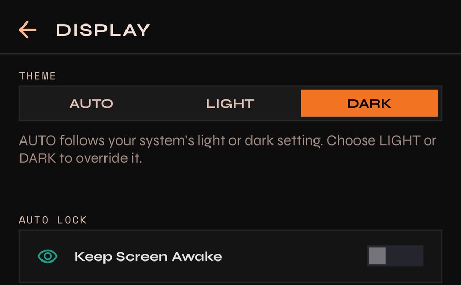 Display settings: theme and keep the screen awake