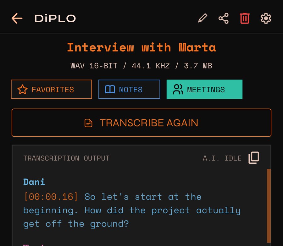 Detail screen of an untranscribed recording, with the TRANSCRIBE button