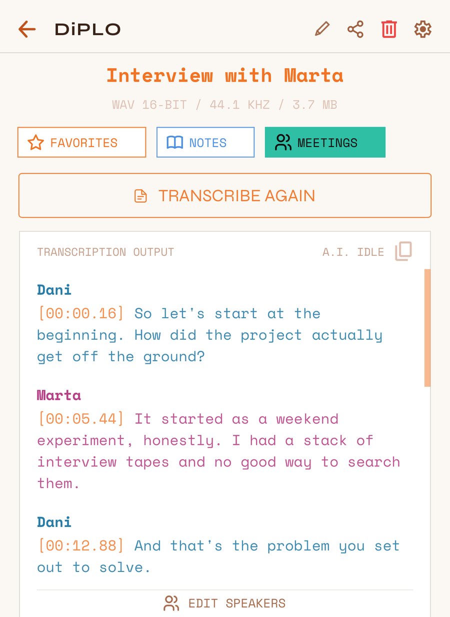 Transcript with two speakers, timestamps and the EDIT SPEAKERS button