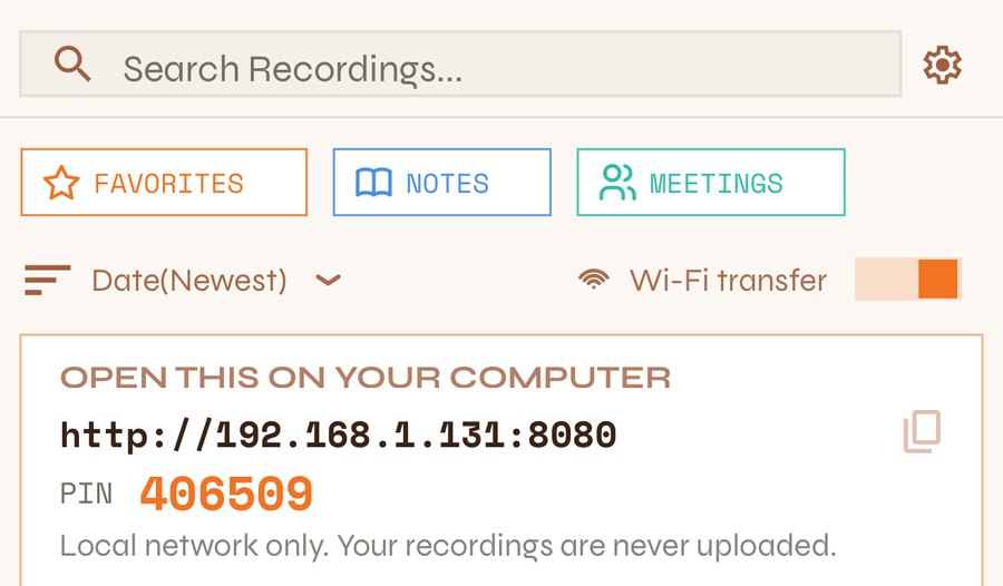 Wi-Fi transfer on, with the address and the PIN