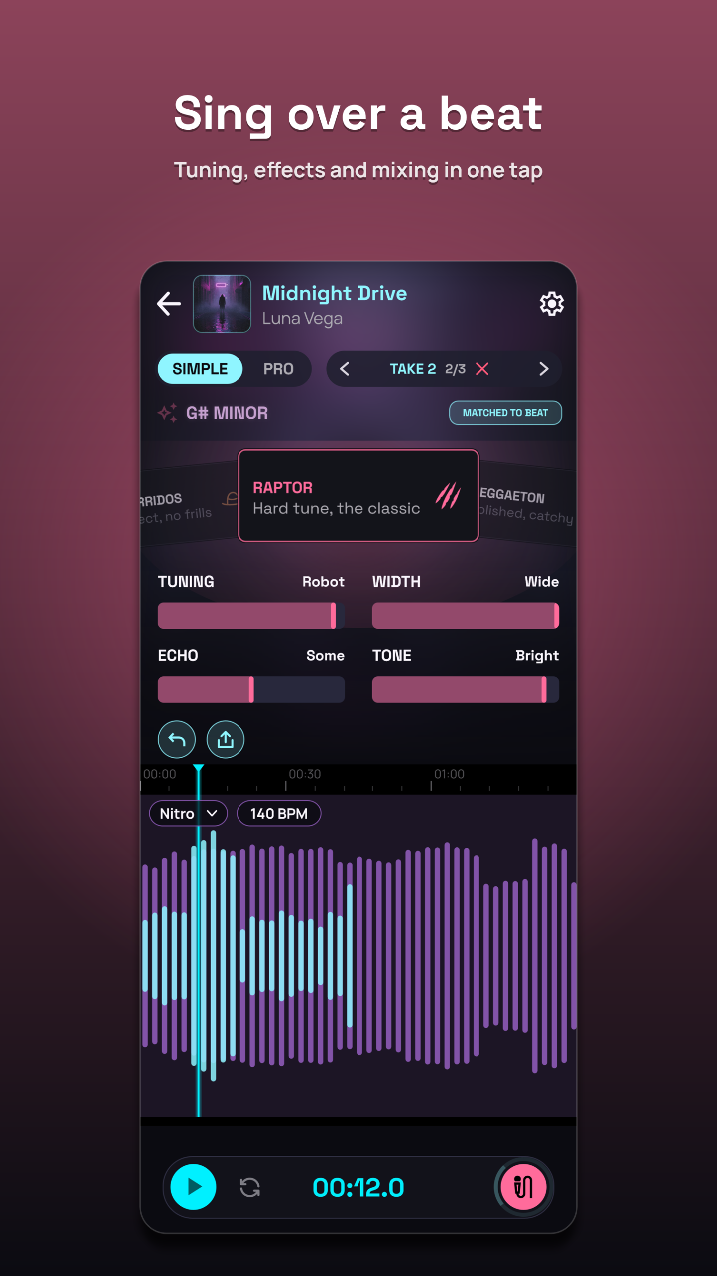 Sing over a beat. Simple mode: the style carousel, its controls and your song