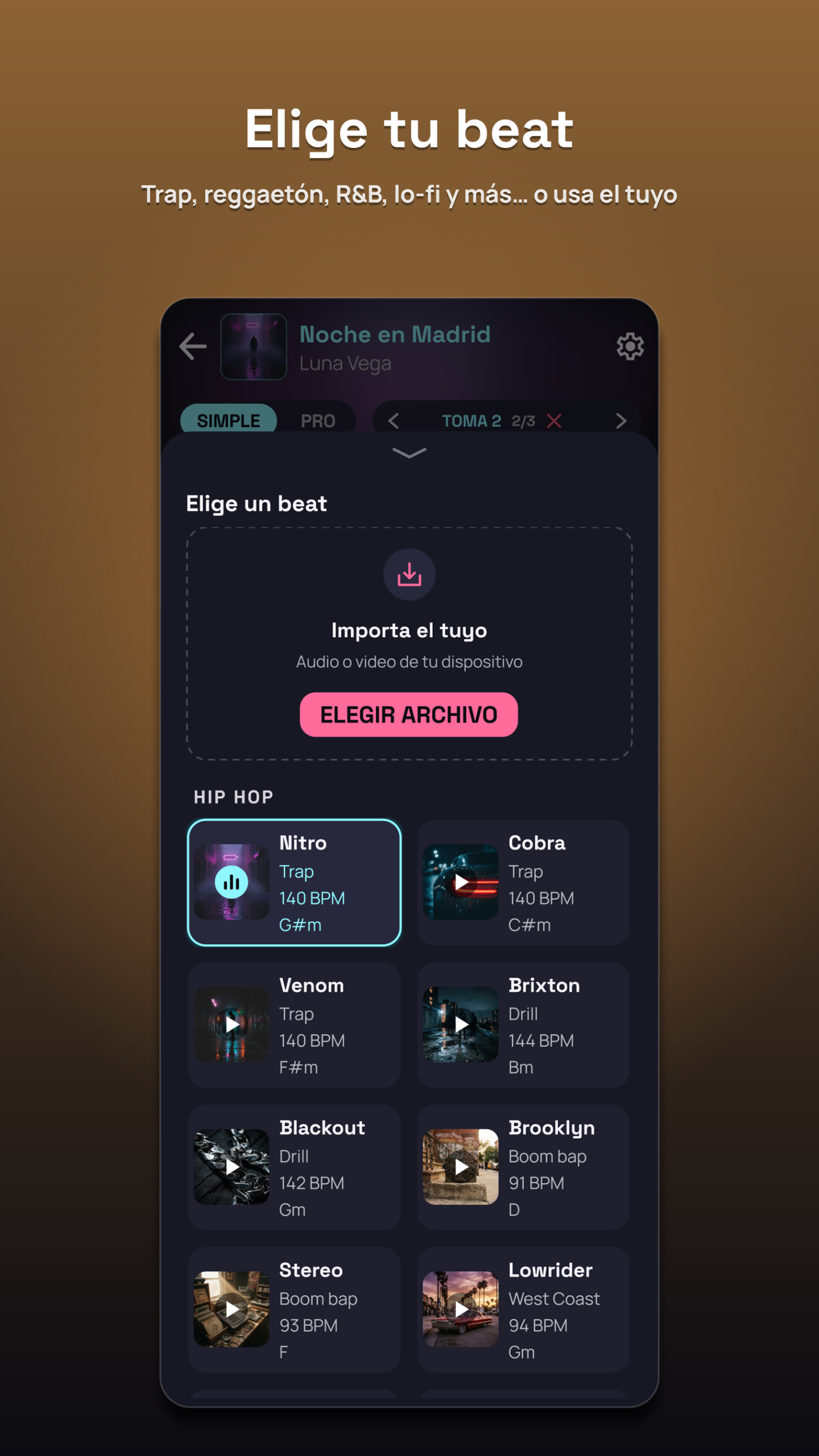 Elige tu beat. El selector de beats, con el tempo y la tonalidad de cada uno