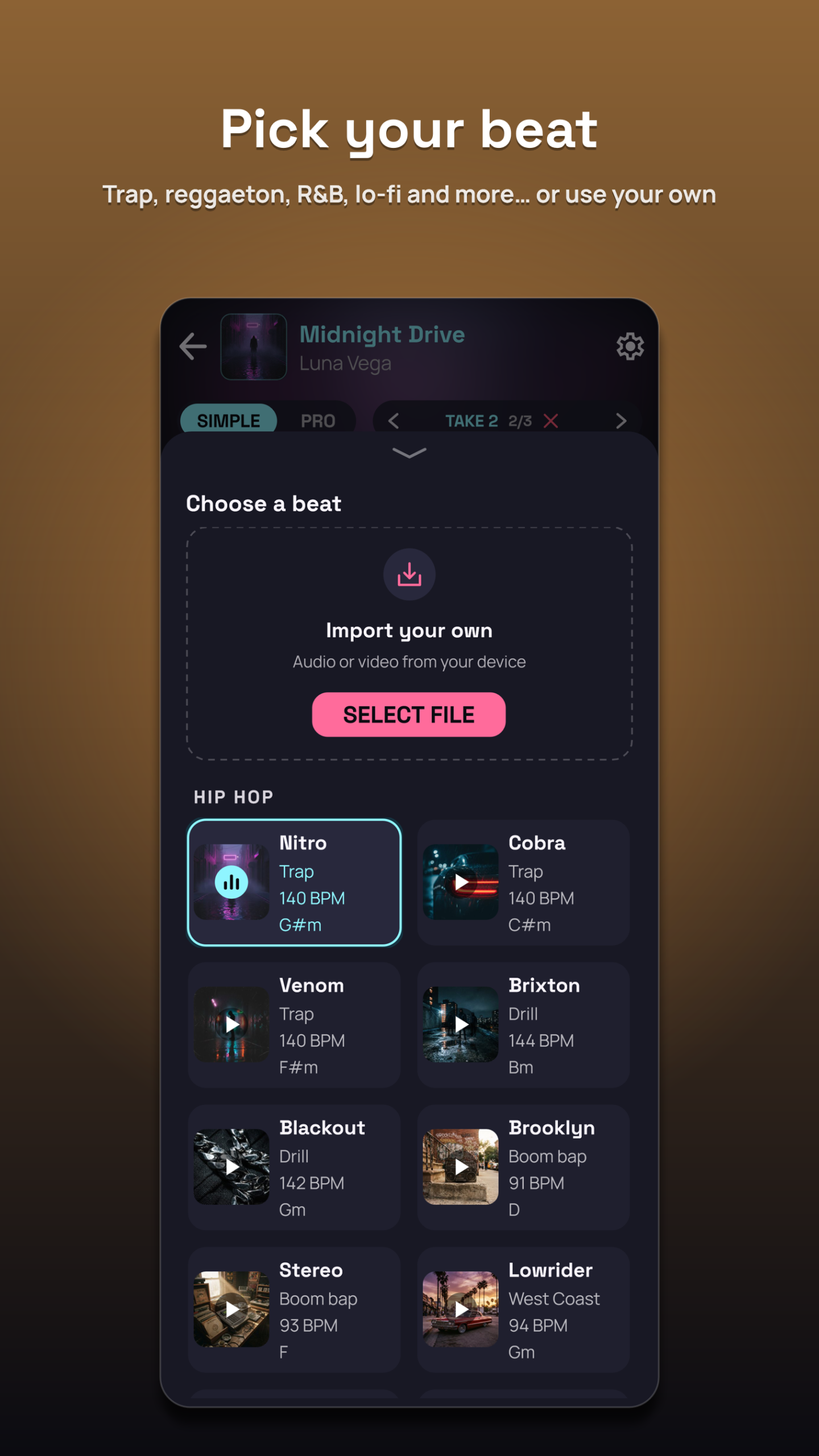 Pick your beat. The beat picker, with tempo and key on every beat