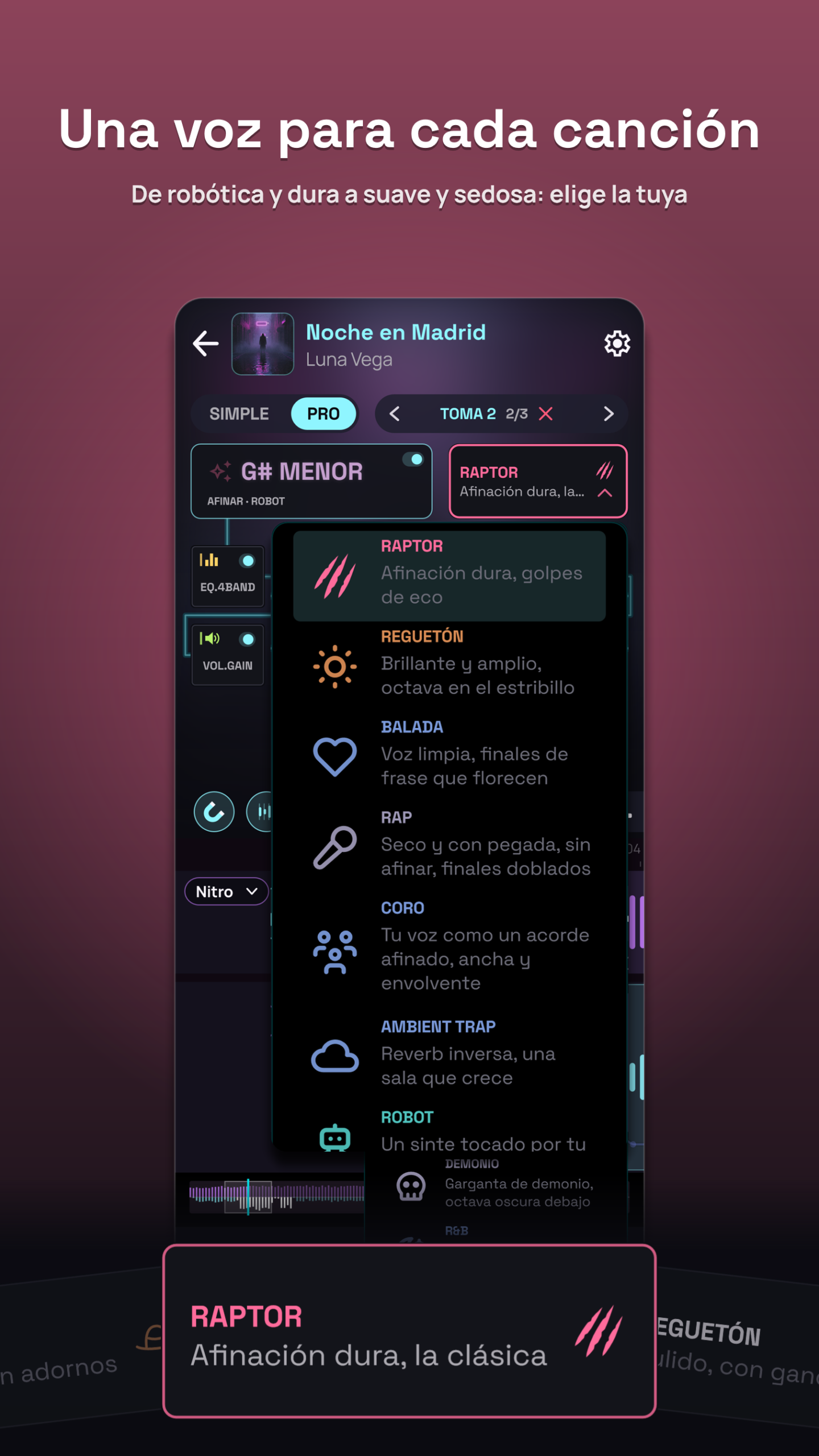 Una voz para cada canción. La lista de estilos de Pro y el carrusel de Simple
