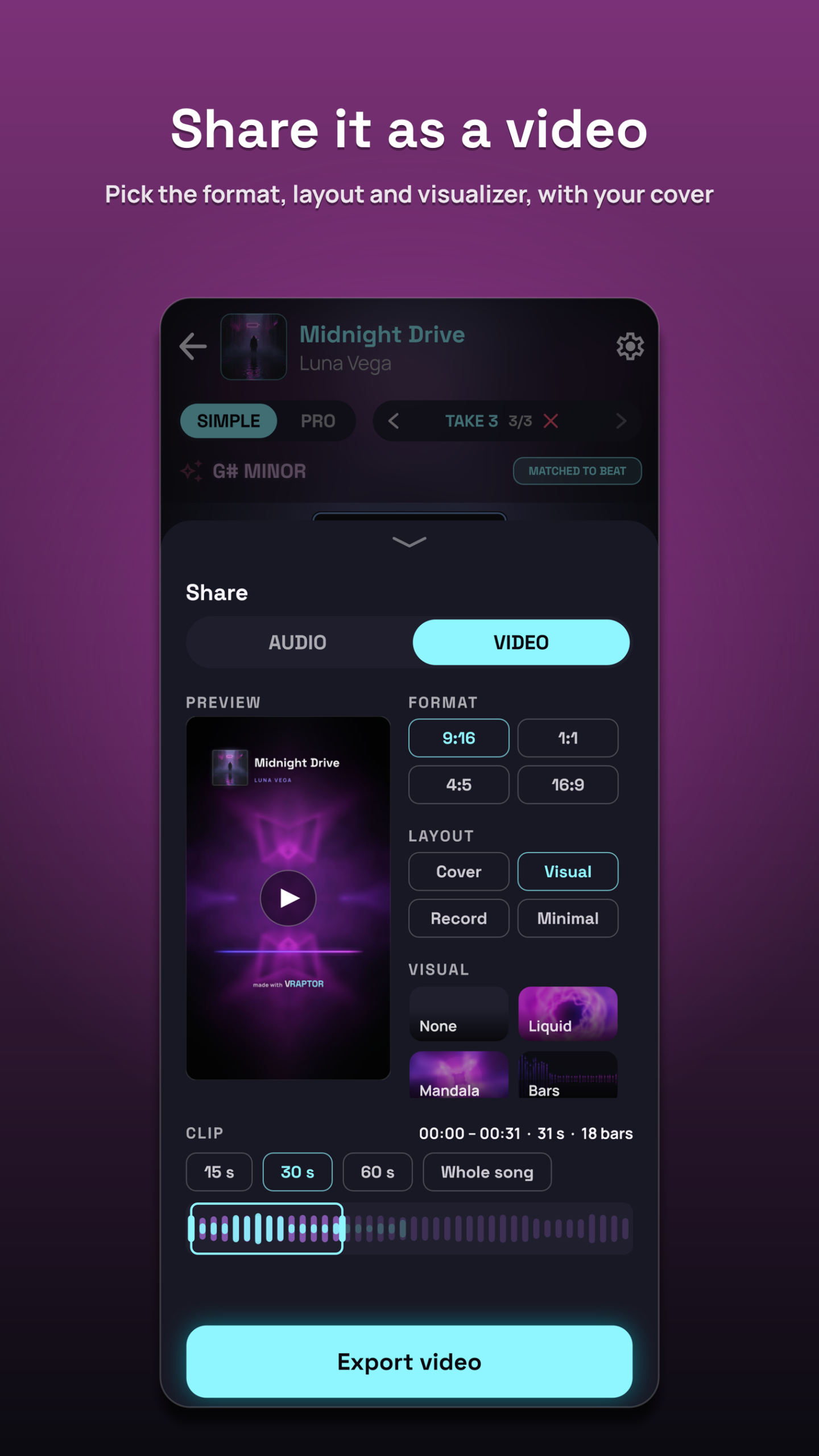 Share it as a video. Format, layout, visualiser and the clip