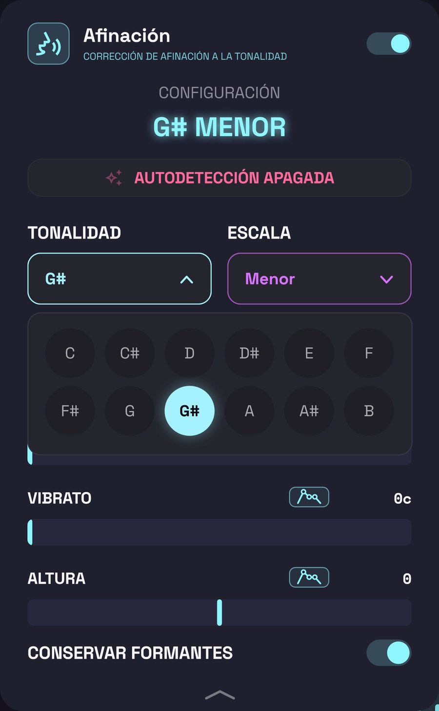 El panel del afinador con la lista de tonalidades abierta