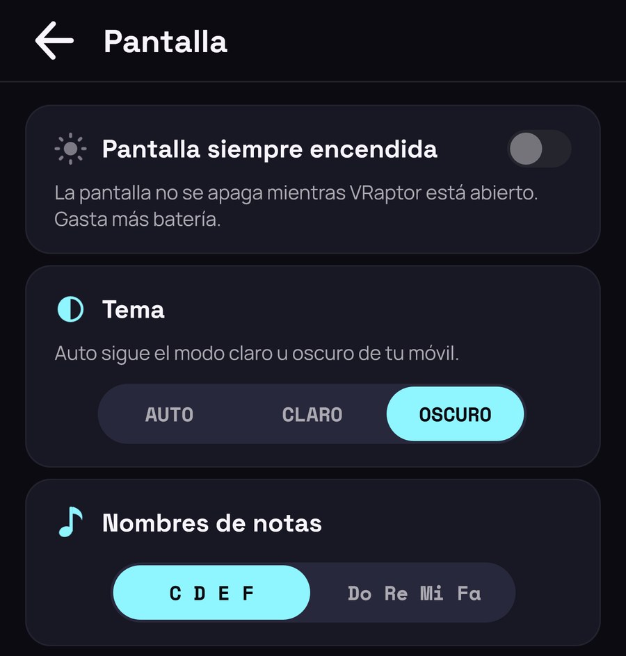 Ajustes, página Pantalla: tema, pantalla siempre encendida y nombres de notas