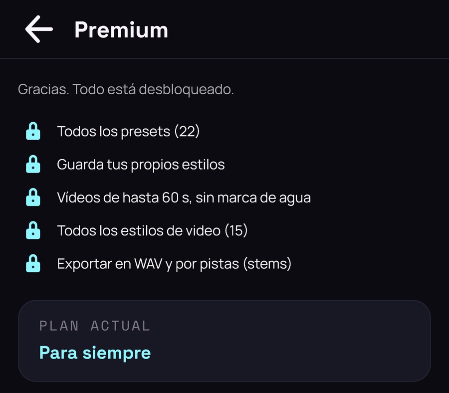 Ajustes, página Premium, con Premium activo