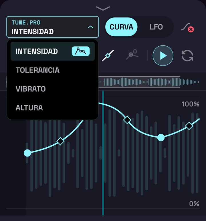 La lista de controles del afinador abierta en el editor de curvas