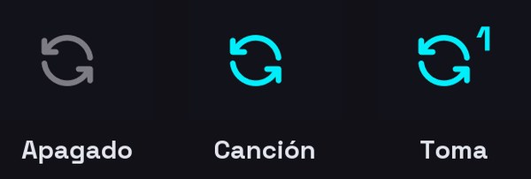 El botón de bucle en sus tres modos: apagado, canción y toma