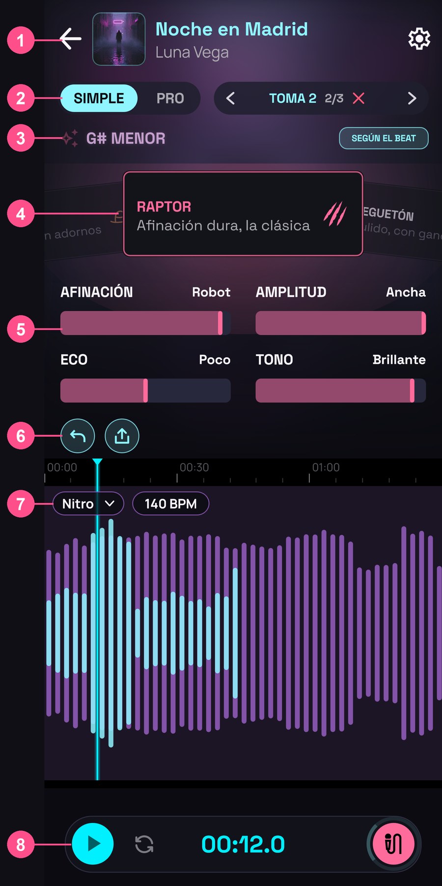 La pantalla Simple con sus partes numeradas del 1 al 8