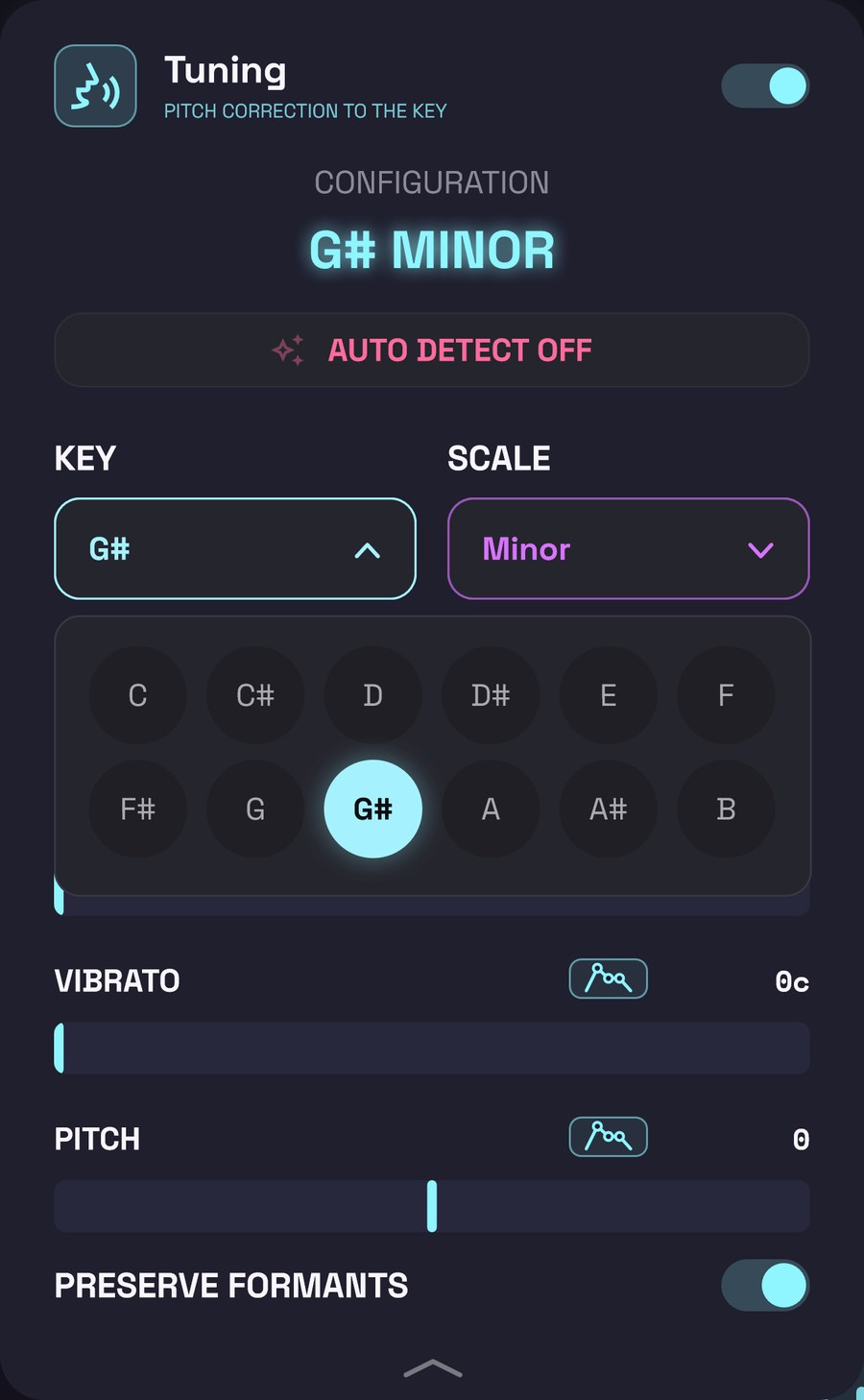 The tuner's panel with the key list open
