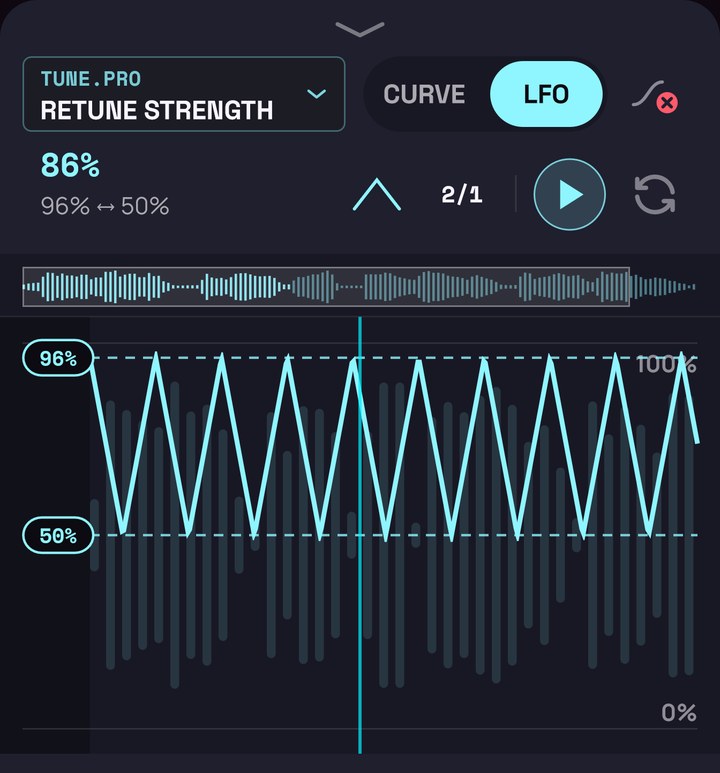 The editor in LFO mode with a triangle wave between two lines