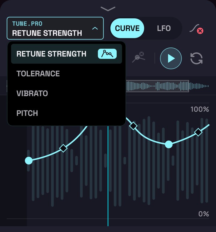 The tuner's list of controls open in the curve editor