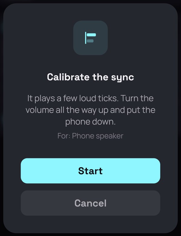 The Calibrate the sync dialogue, with Start and Cancel