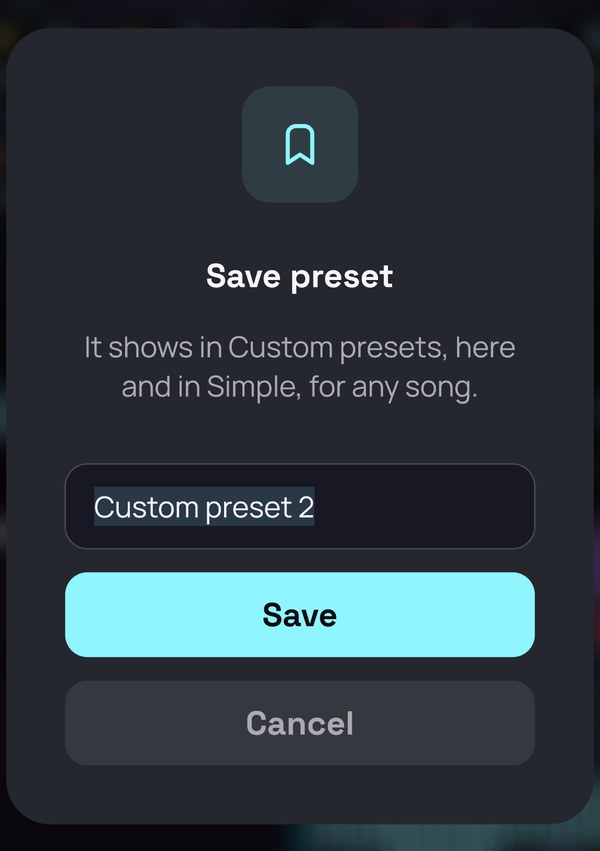 The Save preset dialogue, with the suggested name