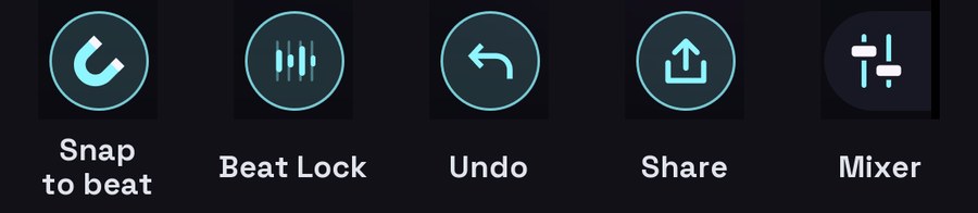 The tool row's buttons: snap to beat, Beat Lock, undo, share and mixer