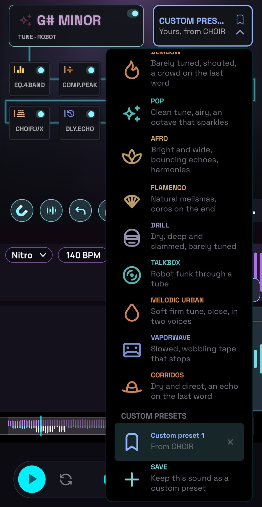 The end of the style list: Custom presets and Save