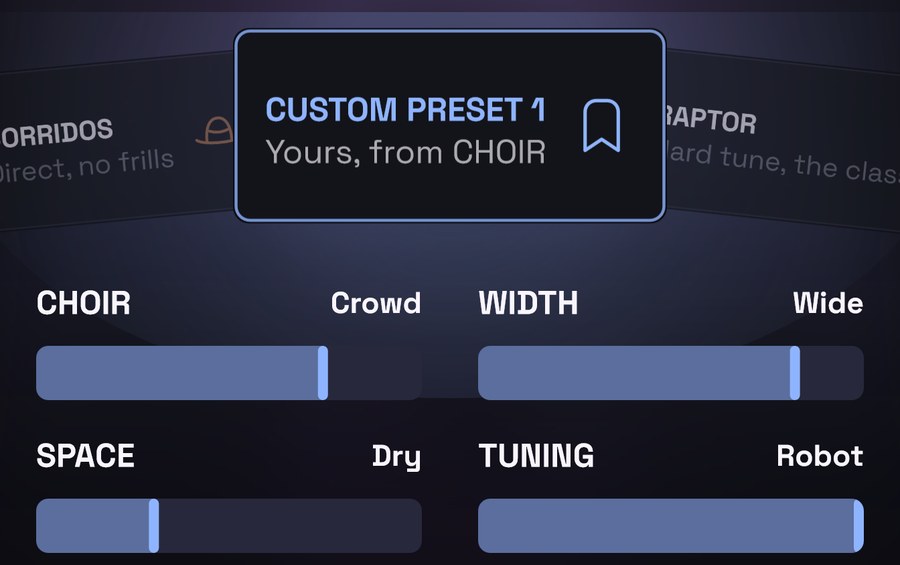 A saved style in the carousel: Custom preset 1, Yours, from CHOIR